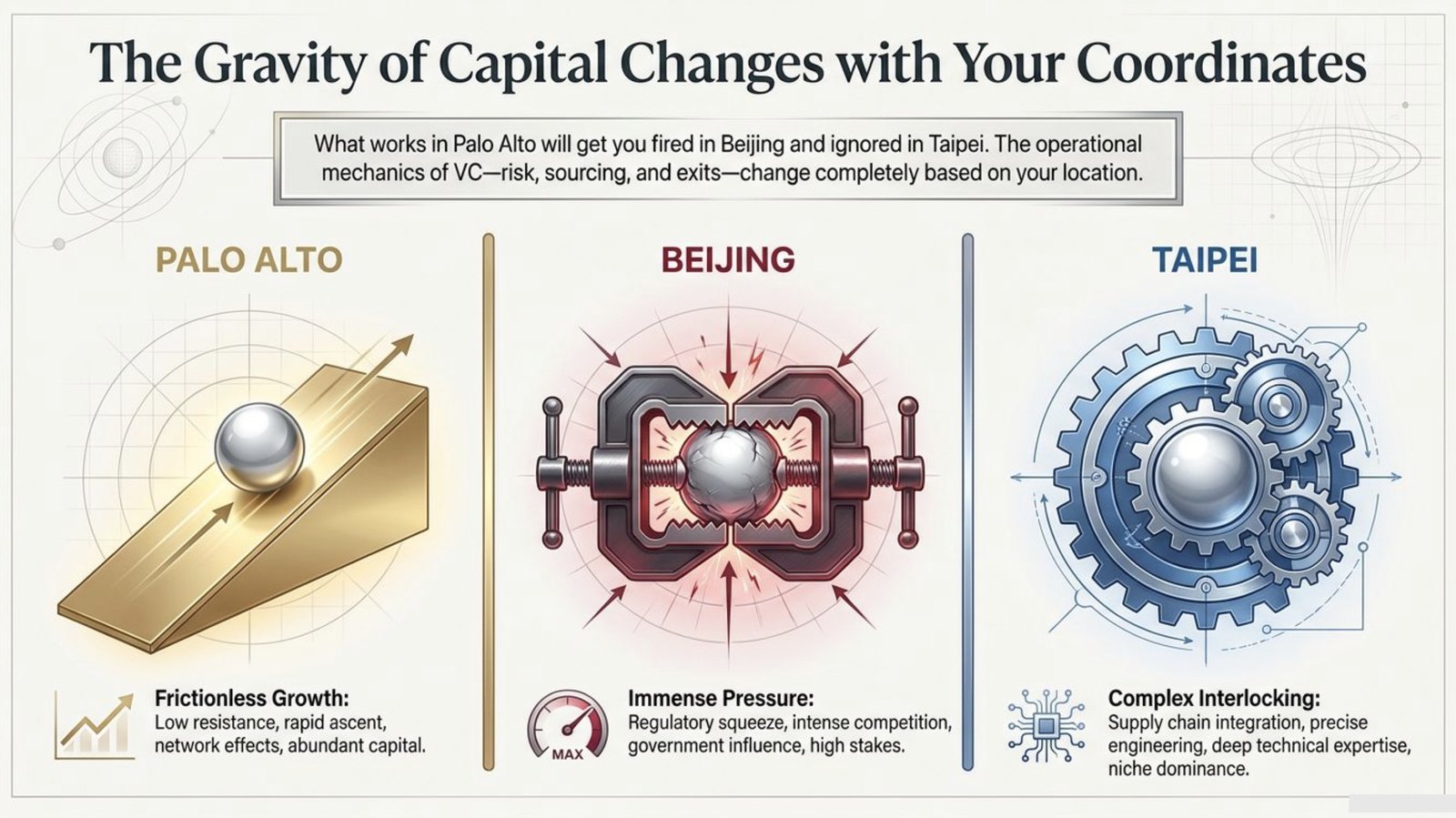 Slide: the gravity of capital changes with your coordinates — Palo Alto, Beijing, Taipei