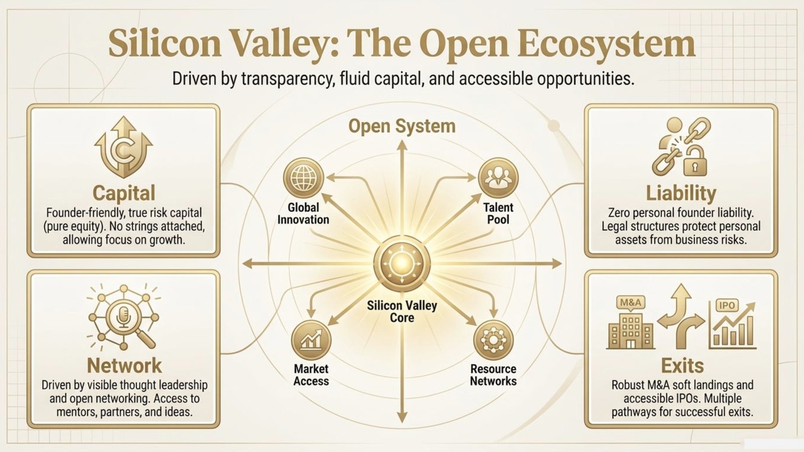 Slide: Silicon Valley, the open ecosystem — capital, network, liability and exits